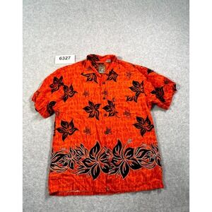 Pineapple Connection Hawaiian Shirt Mens L Orange Black Hibiscus Rayon Button Up